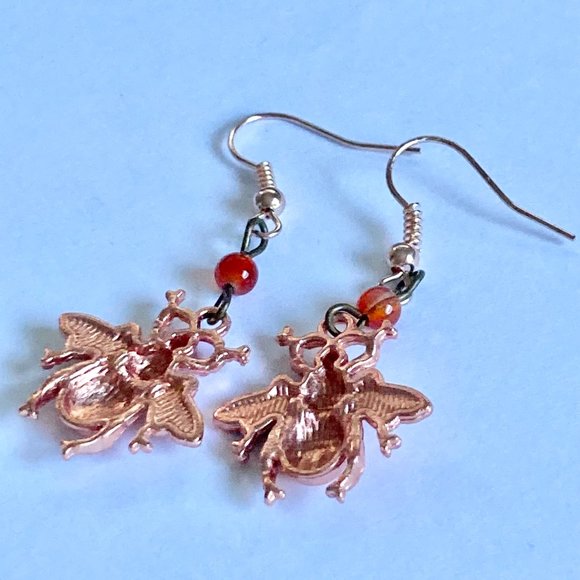 Carnelian Bead Bumble Bee Earrings Rose Gold Plated Dangle Queen Bea Orange - Picture 10 of 12